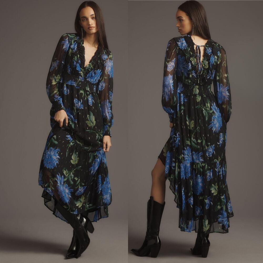 NWT Anthropologie The Odetta Ruffled V Neck Black Purple Motif Floral Dress Med